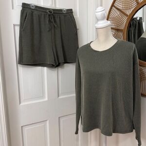 Zenana Ribbed Lounge Set XL Olive Green Knit Pullover Shorts 2pc Loungewear Cozy